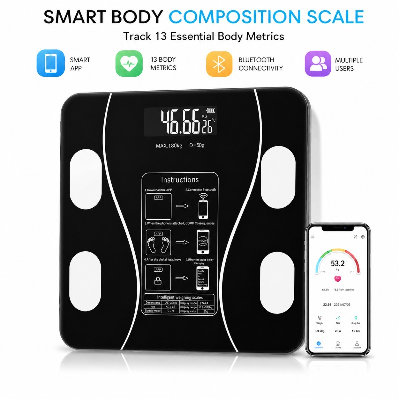 Body Fat Scale Smart - Slimme Bluetooth Lichaamsvetweegschaal Digitale Badkamerschaal Lichaamsanalyseapparaat